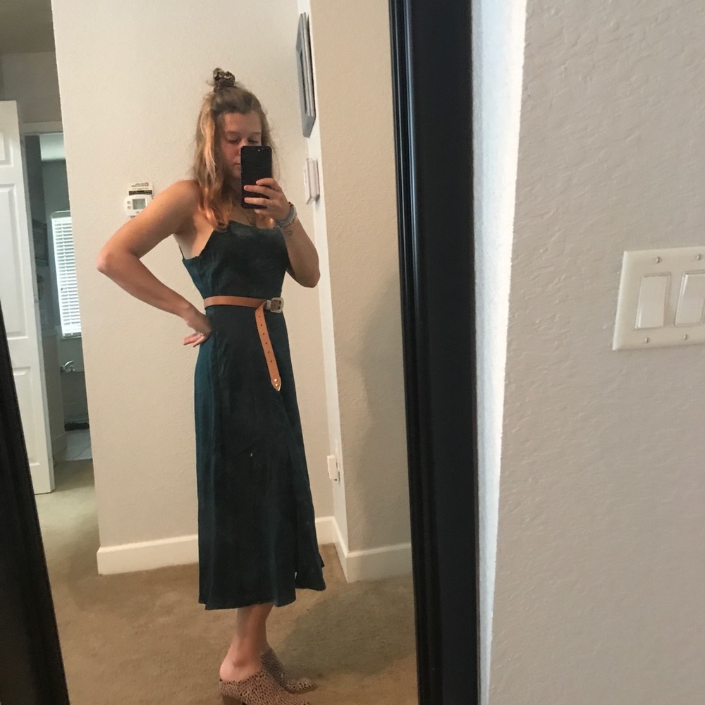 Marabel Teal Blue Satin Backless Midi Dress